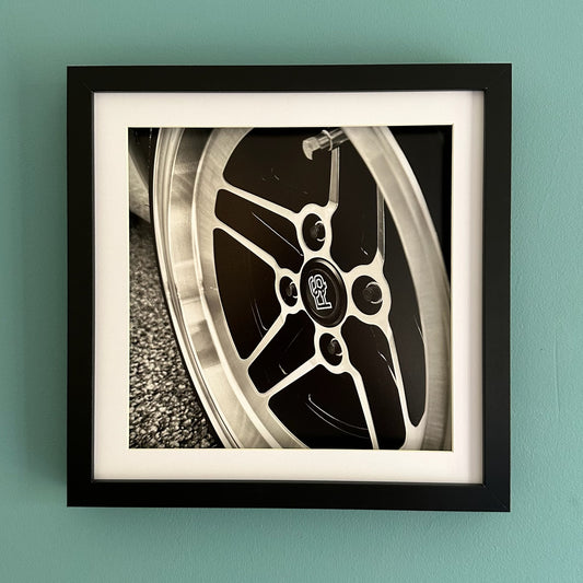 Monochrome Classic Ford RS Wheel - Black Framed Print